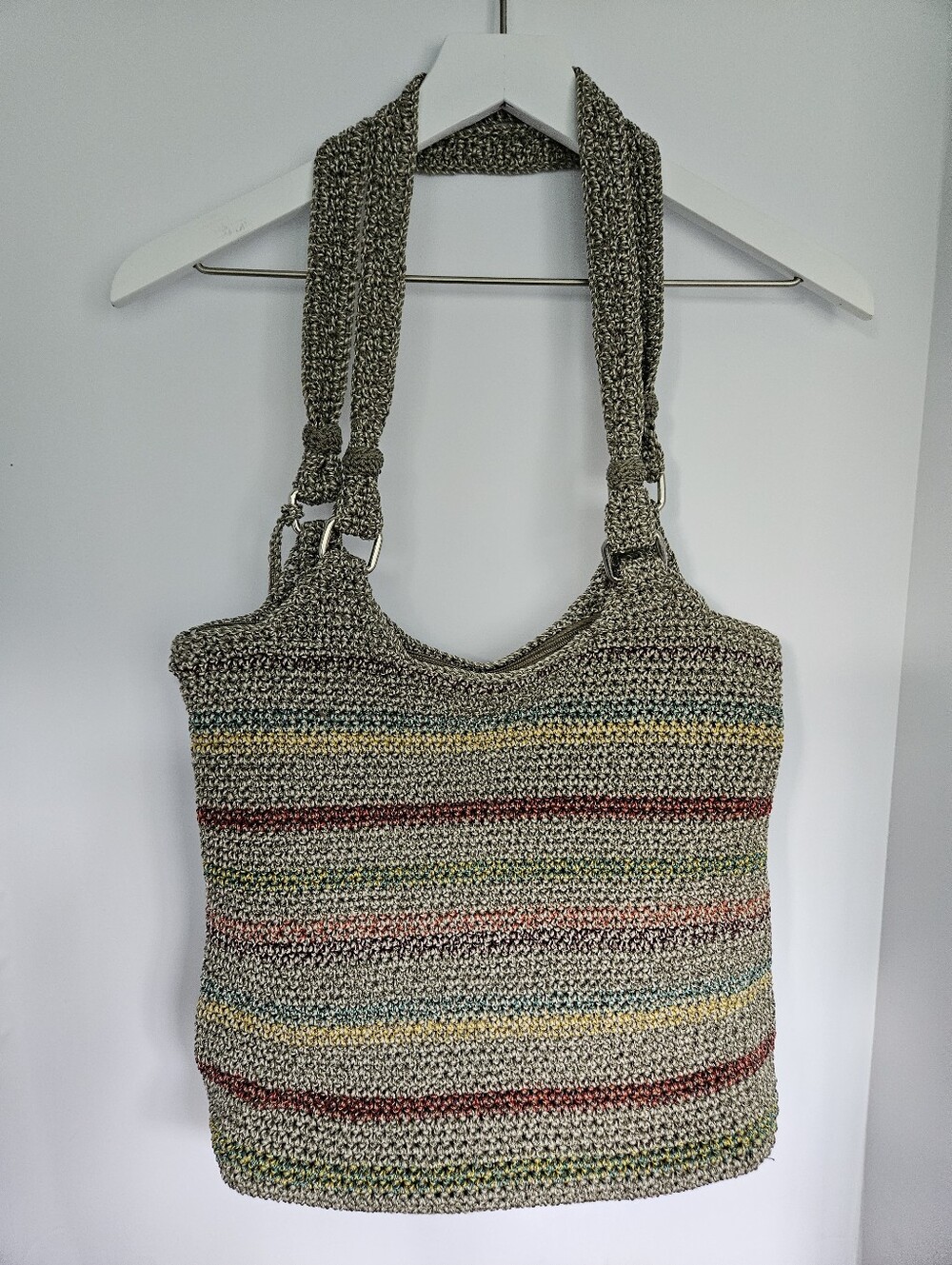 The Sak Belle Crochet Shoulder Bag In Earthy Neutral Tone With Colorful Stripes